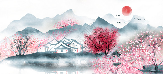春天水彩画中国风背景设计图片