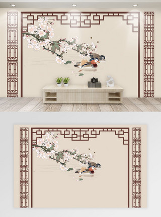 古风壁画新中式鸳鸯戏水电视背景墙模板