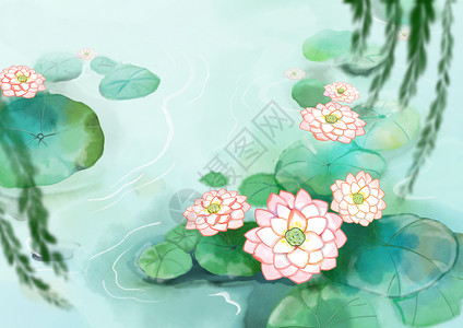 夏日国画水墨水彩莲花池塘背景图片