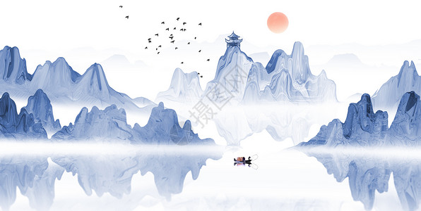 山水风景背景墙写意新中式中国风蓝色山水画插画