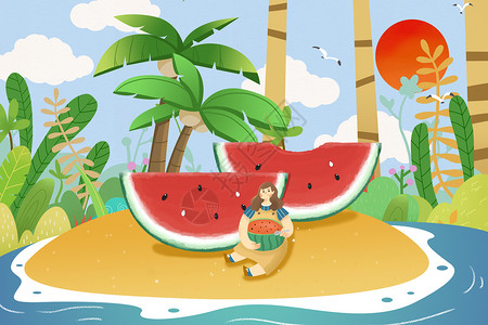 夏季吃瓜的女孩立夏沙滩吃瓜的女孩插画