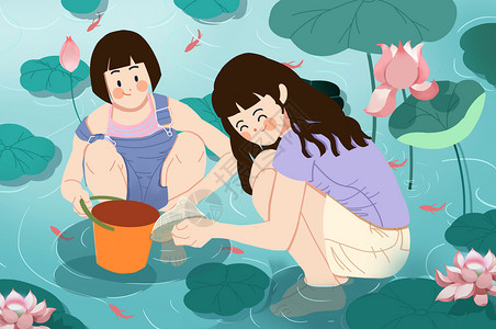 夏日泳装清凉儿童吃西瓜童年的快乐插画