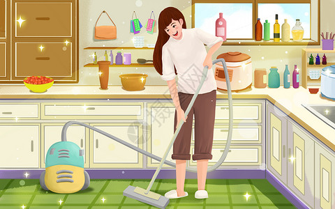 清洁餐具做家务的女孩插画
