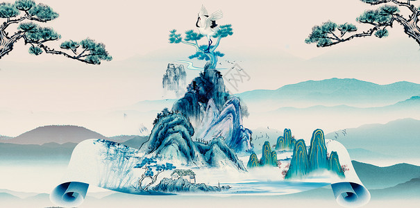 山水画轴画卷中国风背景设计图片