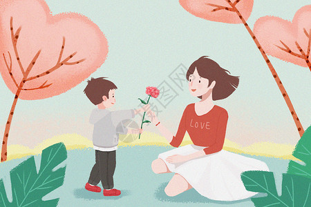 爱心母亲节标语送花给母亲插画