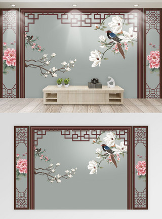 中式卧室背景新中式素雅花鸟墙纸模板