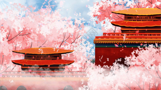 寺庙和樱花4k唯美春天樱花房屋背景GIF高清图片