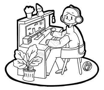 沉迷网游玩电脑的男孩填色游戏插画