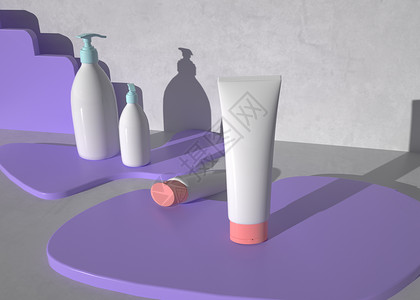 紫色洗发水海报3D简约化妆品空间设计图片