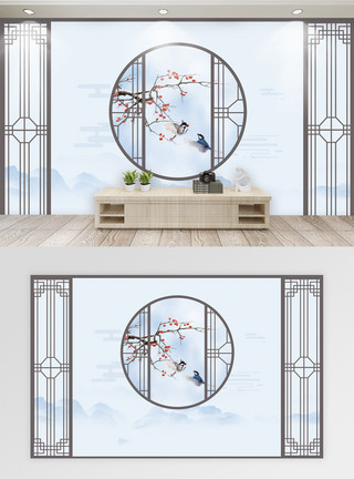 新中式古典山水花鸟背景墙模板