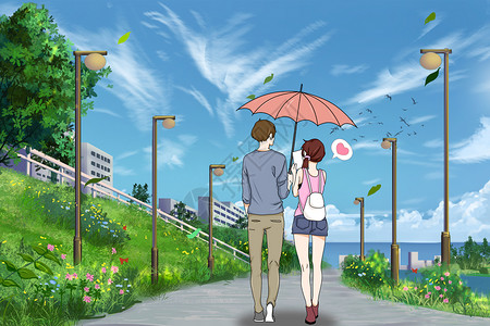 海边漫步女孩海边散步的情侣插画