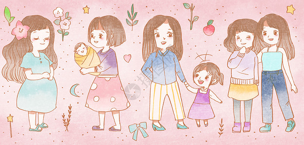 孕妇和儿童母亲和女儿水彩画插画