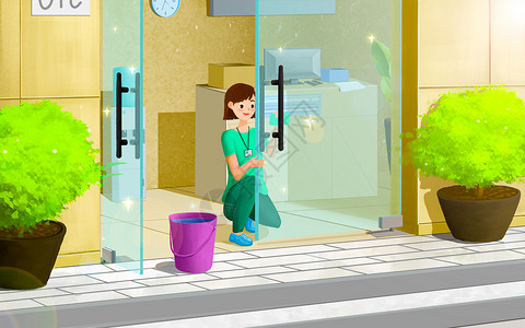 蹲着洗碗的女人擦玻璃的员工插画