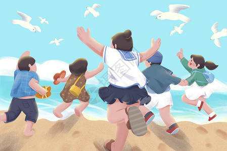 大学生暑假五四青年节在海边奔跑插画插画