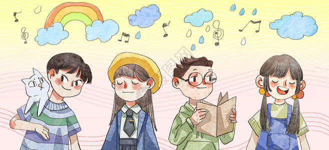 开学季胶带儿童节的小朋友水彩风简笔画插画