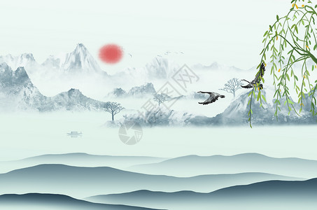 古风柳叶中国风水墨背景设计图片