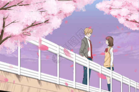 桥上情侣520樱花树下约会的情侣GIF高清图片