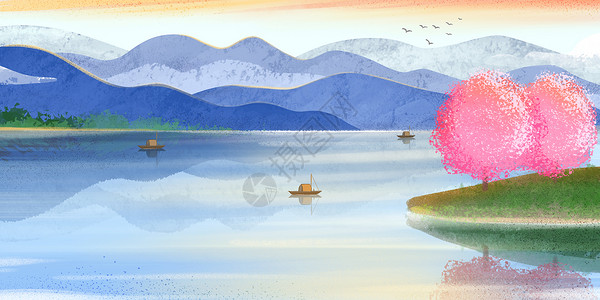 噪点画噪点肌理中国风桃花岛山水风景插画