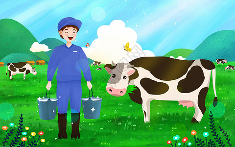 养牛牧场牛奶工人和奶牛插画
