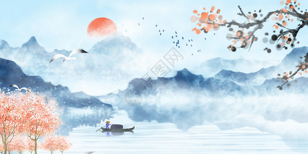 划船人中国风背景设计图片