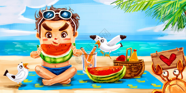 夏日泳装清凉儿童吃西瓜夏日吃瓜插画