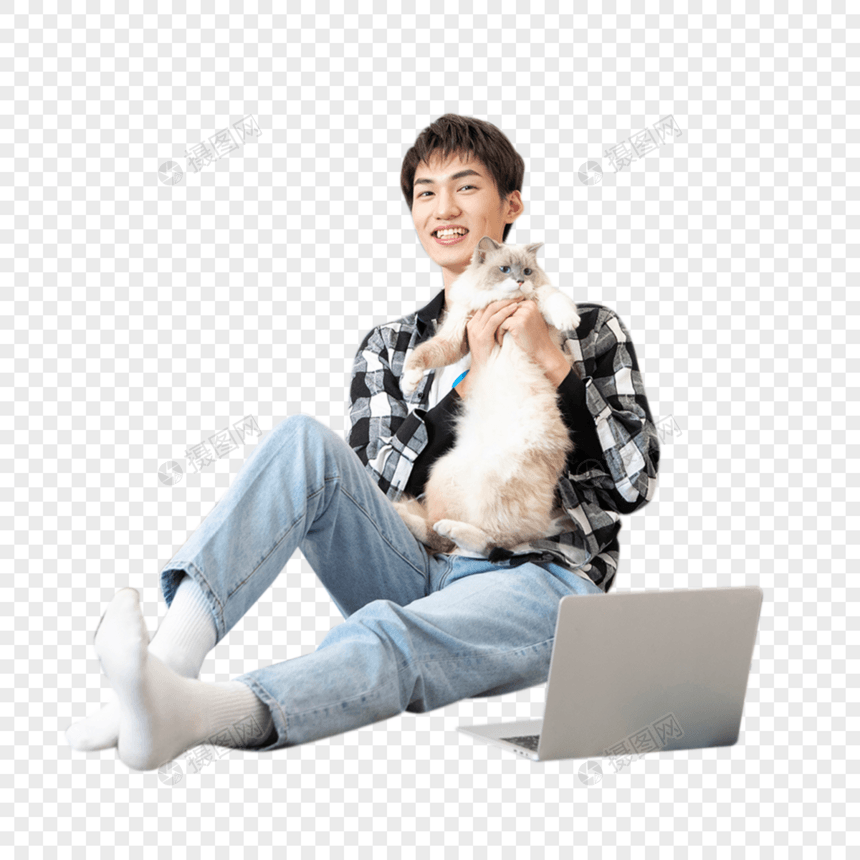居家办公的男孩与宠物猫图片
