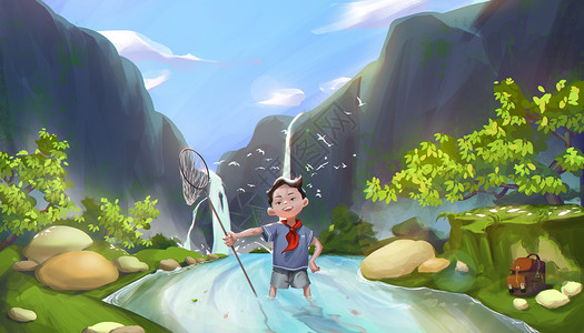 儿童捕鱼素材儿童节夏季出游插画