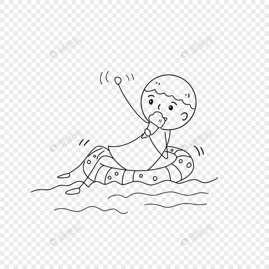 夏季坐在游泳圈上吃冰激凌的男孩简笔画图片