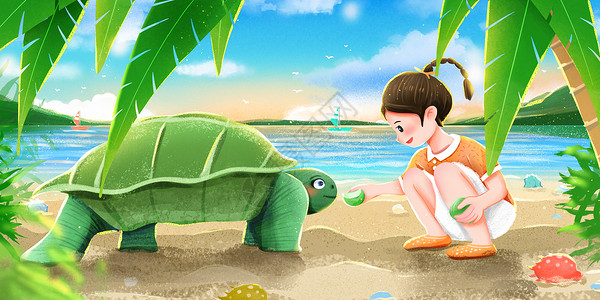 珍惜物种在沙滩上和大海龟玩耍的儿童插画