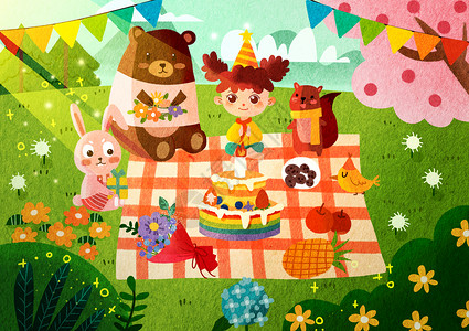 小孩生日派对儿童节森林过节插画插画