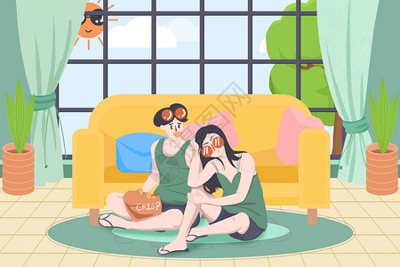 在沙发上情侣夏季情侣在室内插画