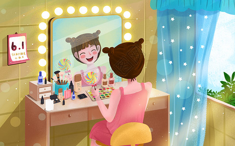 护肤品电商可爱女生拿着棒棒糖照镜子插画