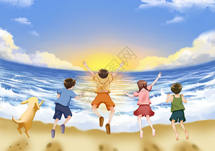 海边一群人六一儿童节海边之旅插画