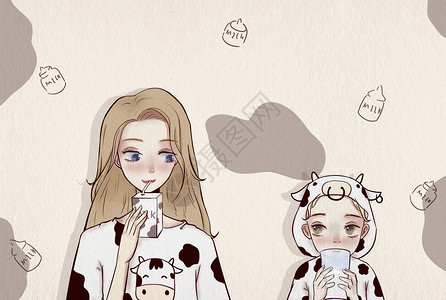 喝牛奶的美女牛奶日插画