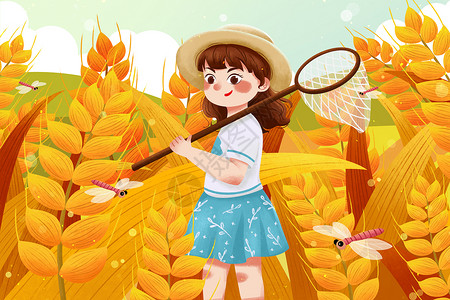 二十四节气芒种麦穗中女孩插画背景图片