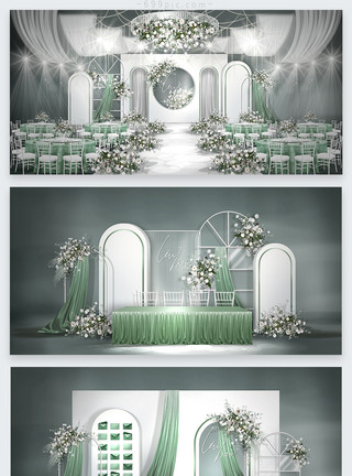 婚礼板清新白绿色婚礼效果图模板