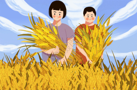 抱着小麦的农民芒种麦收GIF高清图片