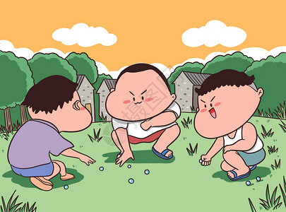 三个小孩吃饺子儿童节童年回忆打弹珠插画