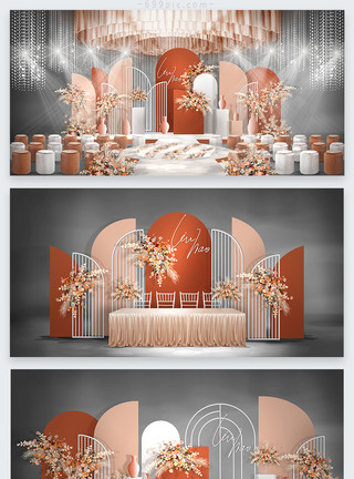 床尾凳高级感白橙色和撞色婚礼效果图模板