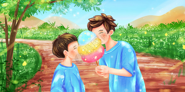 中国人口日兄弟俩快乐地吃着彩虹棉花糖插画