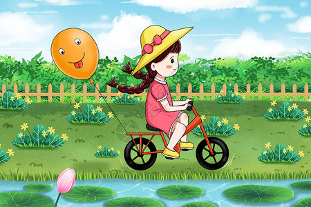骑自行车小孩骑自行车的小女孩插画
