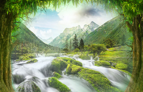 山间瀑布森林合成背景设计图片