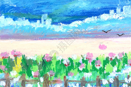 油画棒画素材手绘夏天海边沙滩油画棒风景画插画