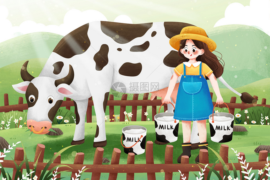 牛奶日牧场提奶女孩与奶牛插画图片