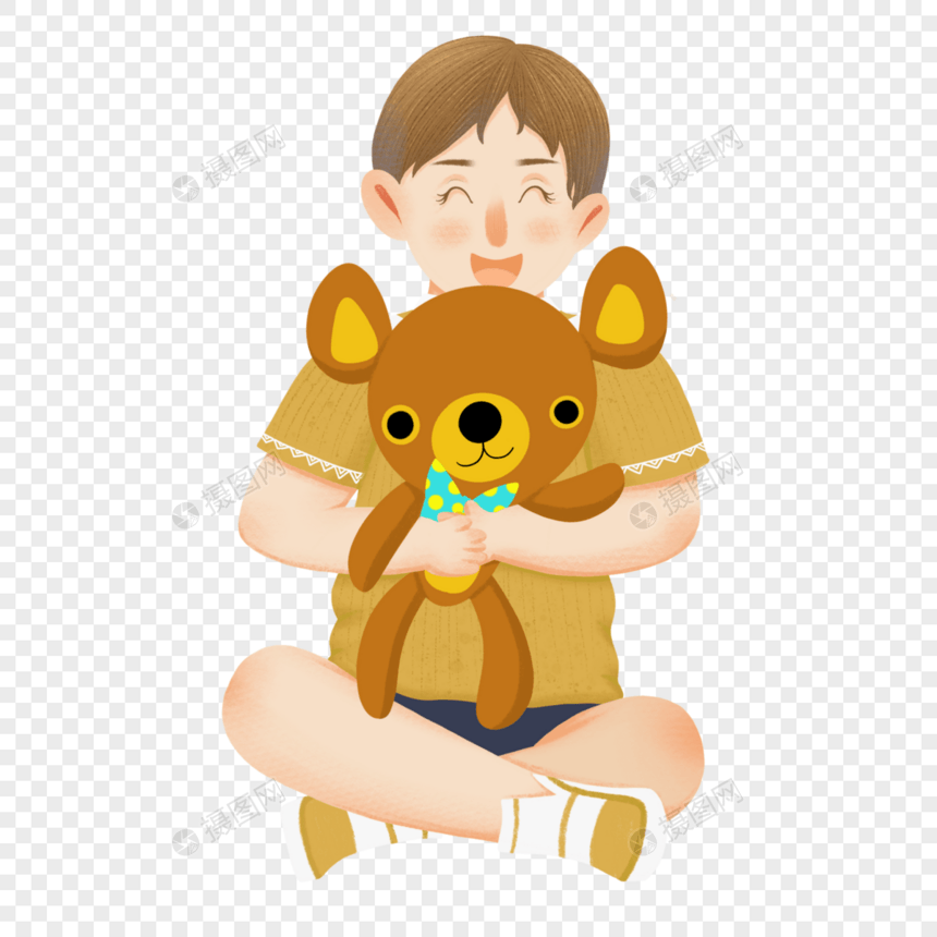 男孩开心的抱着玩具熊图片