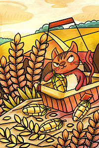 芒种节气复古风格麦田上小猫在竹筐玩耍插画图片