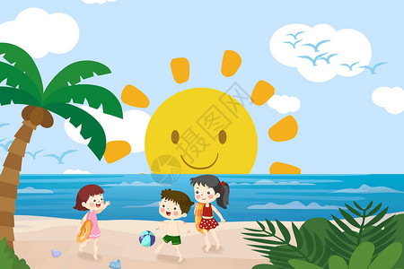 沙滩度假的孩子夏天海边游玩的孩子插画