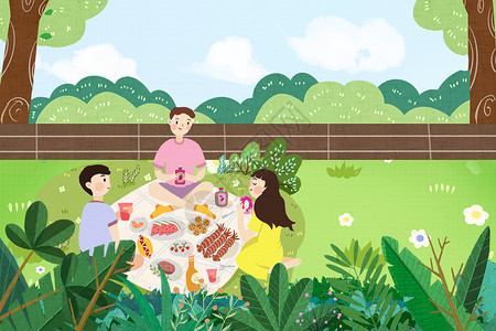 公园绿植六一儿童节聚餐插画