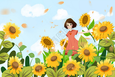 夏日葵花中的女孩高清图片