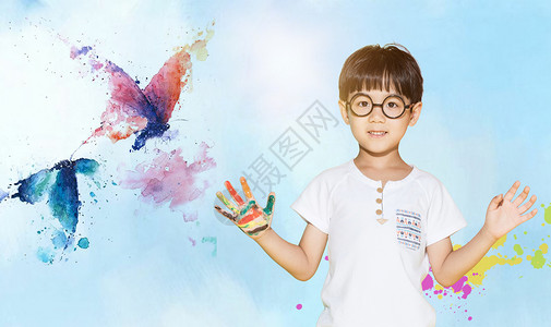 追蝴蝶小男孩彩色儿童节设计图片